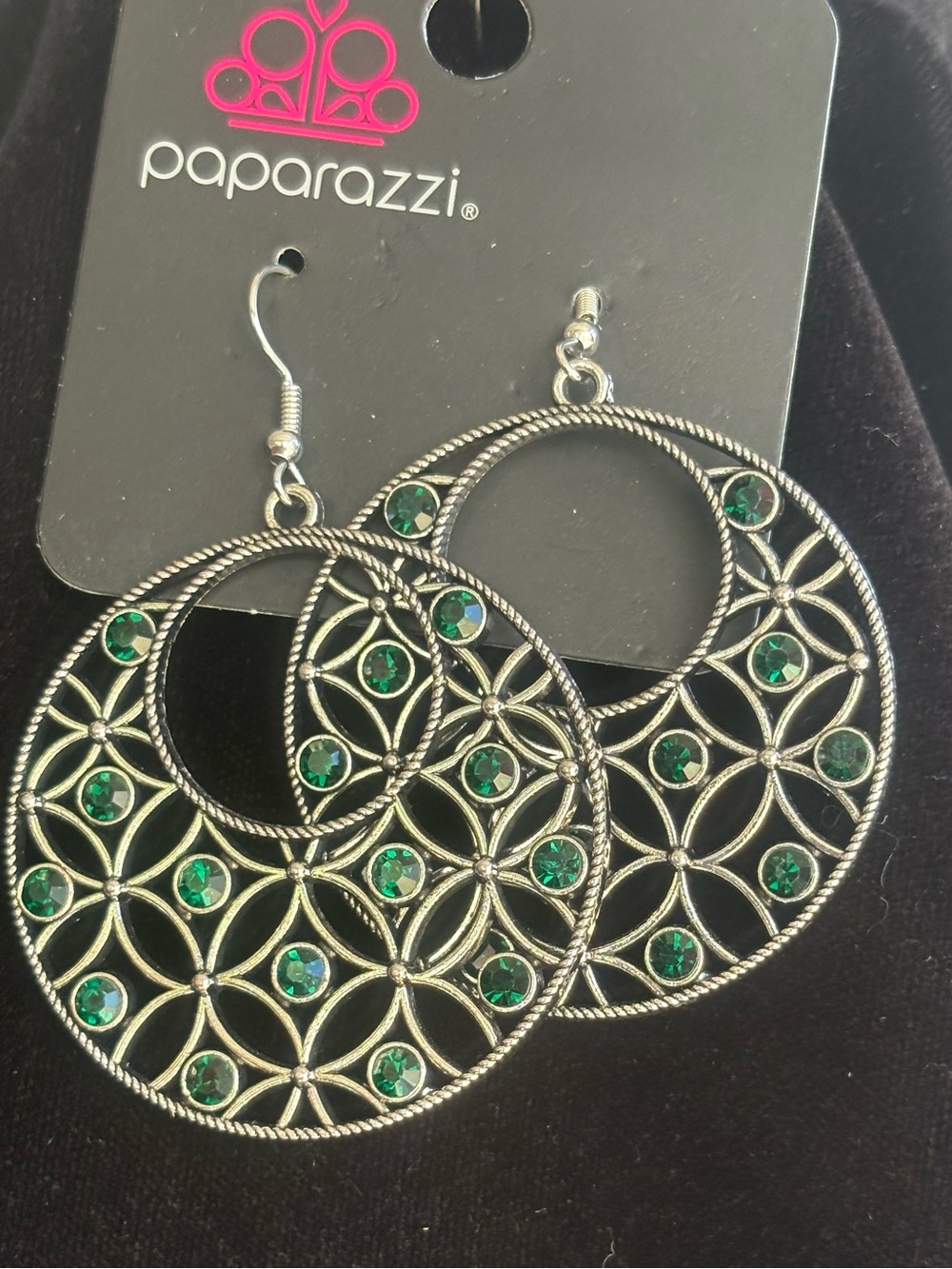 Paparazzi Silver-Tone Green Crystal Filigree Hoop Earrings